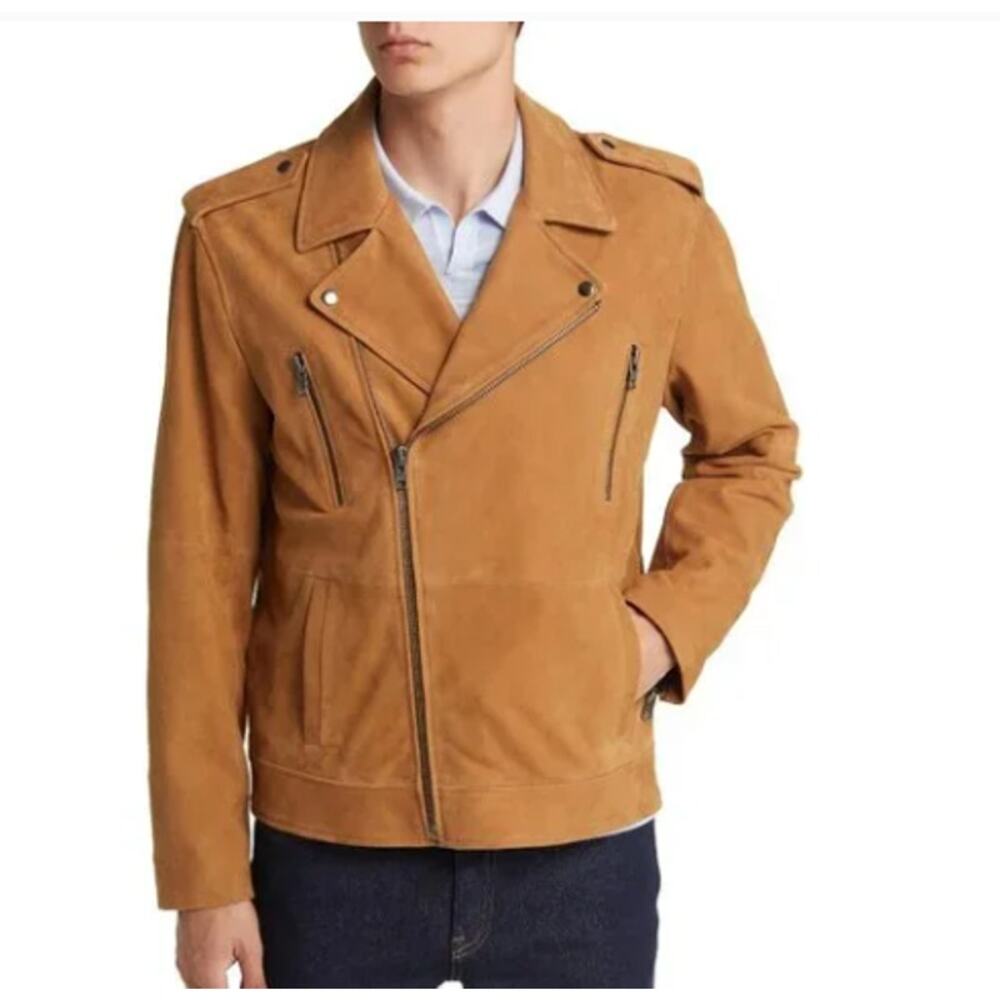 Open Edit Leather Suede Moto Biker Jacket Mens Size XL Camel Coat Spring Brown